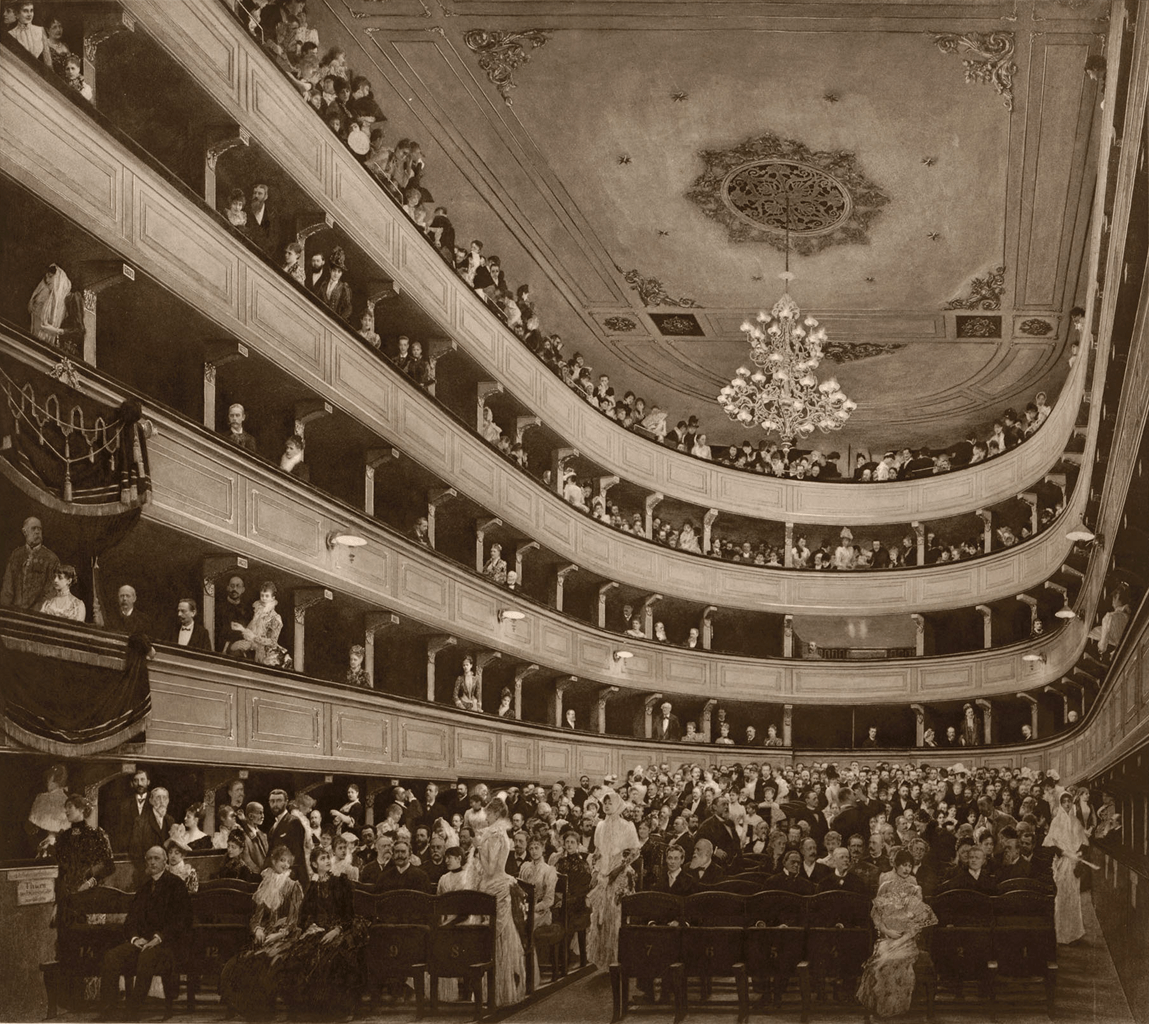 Zuschauerraum des alten Burgtheaters, von der Bühne aus gesehen, Heliogravure nach Gemälde von Gustav Klimt, 1888