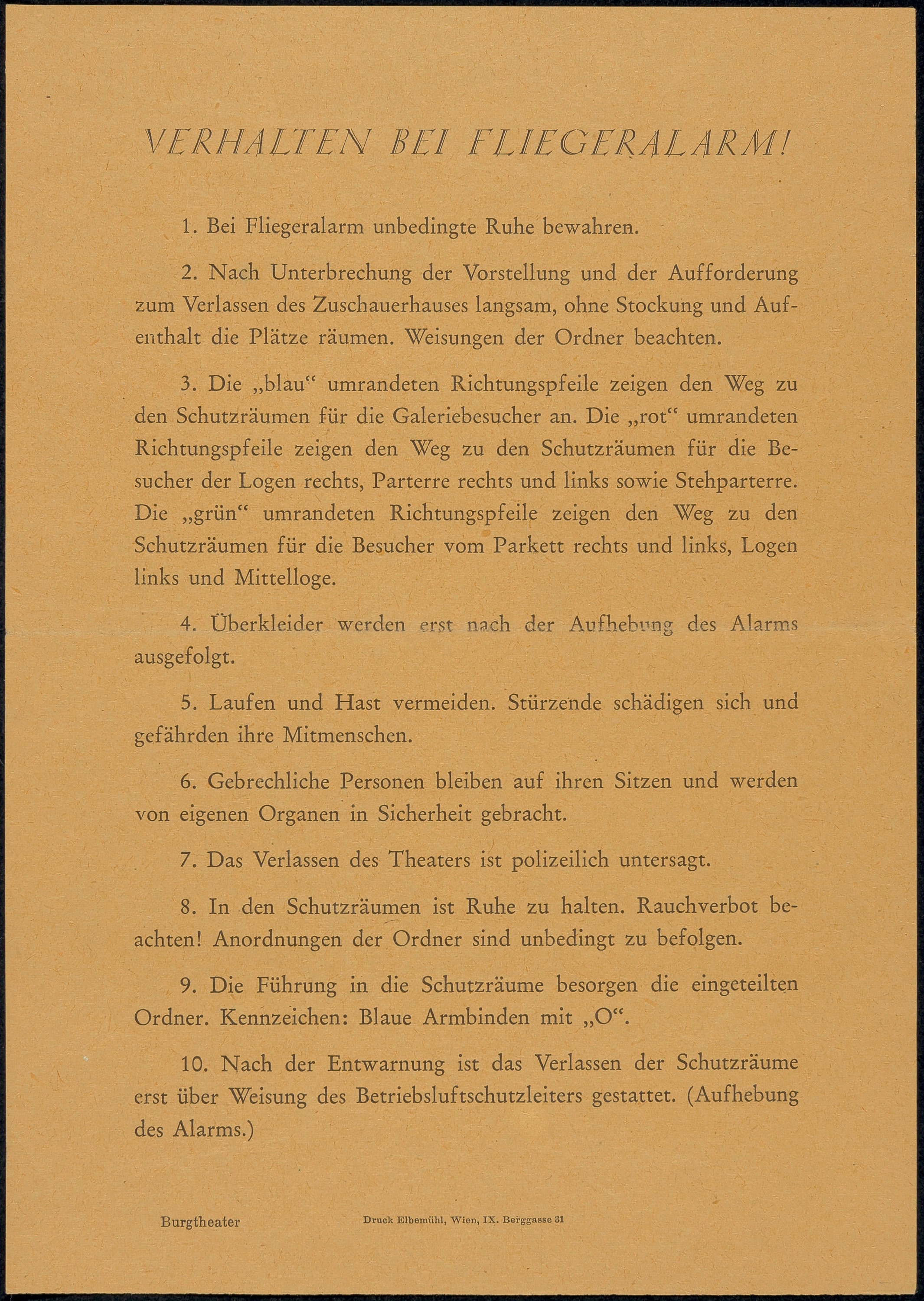 Verhalten bei Fliegeralarm im Burgtheater