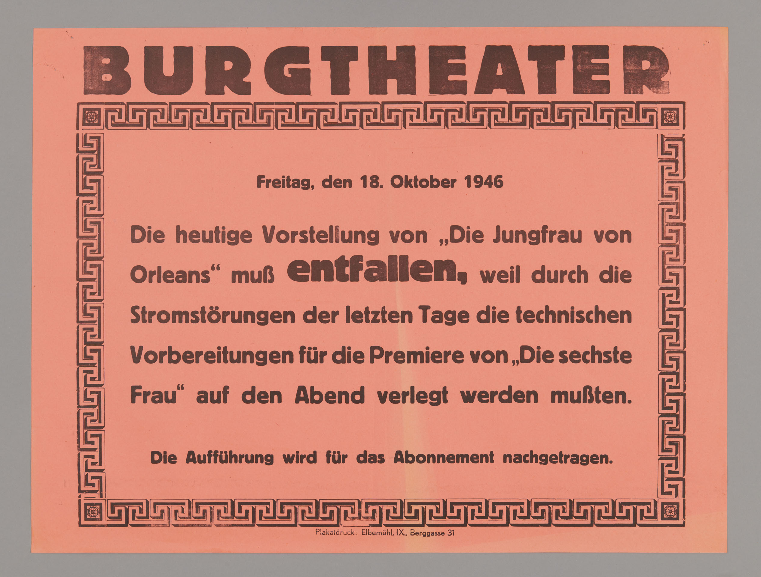 Abb. 11 / Theaterzettel mit Anzeige einer wegen Stromausfall abgesagten Vorstellung, 1946