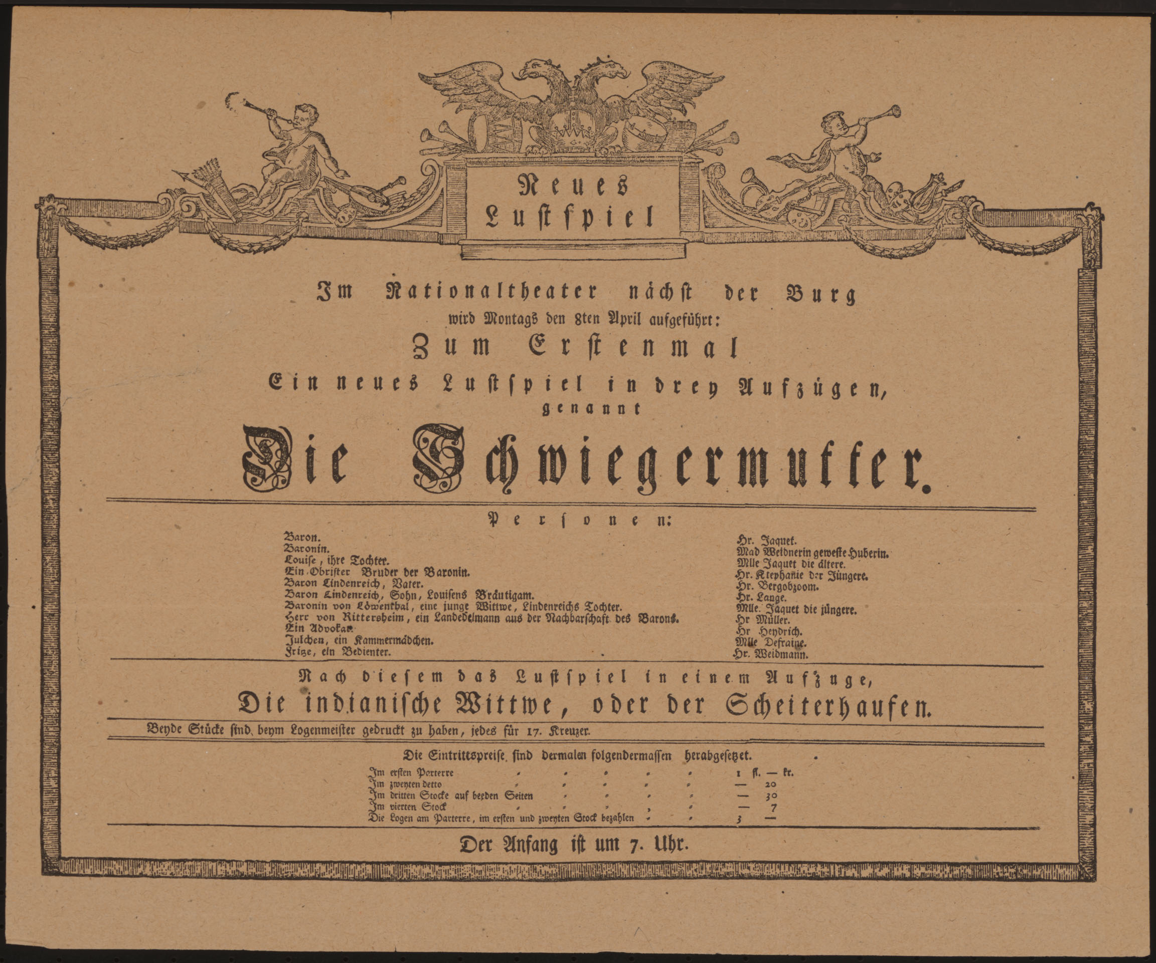 Abb. 1 / Erster Theaterzettel des Burgtheaters, 1776